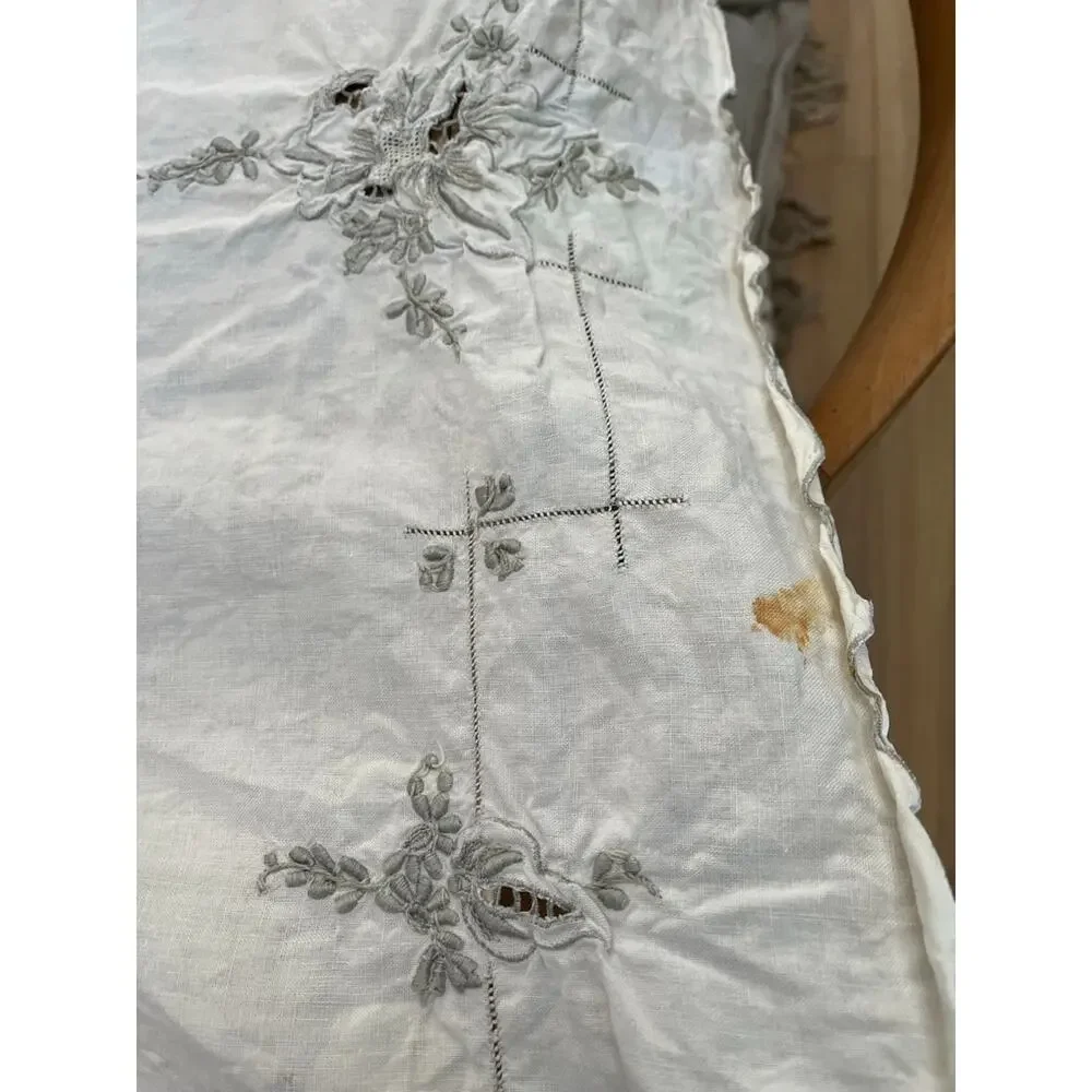 Vintage Hand Embroidery Floral Linen Tablecloth Ivory Rectangular 98